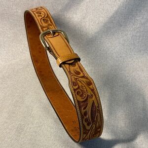 Hand Tooled Brown Leather Embossed Belt. Size 32